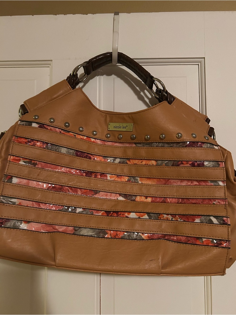 Nicole Lee Tan Shoulder Bag with Pink Floral Panel Stripes